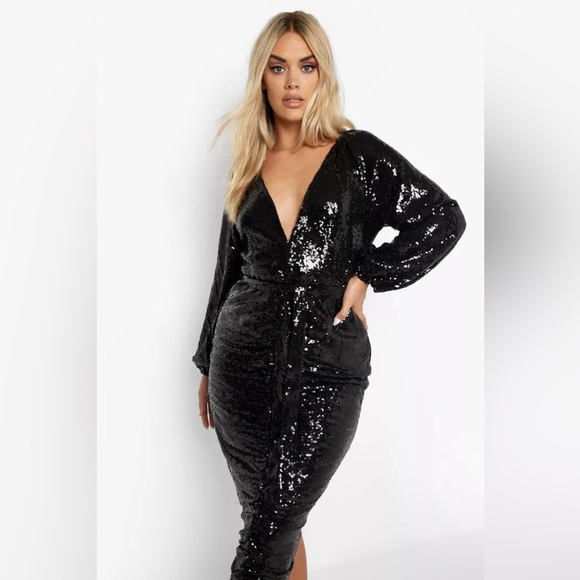 Plus Sequin Ruched Belted Midi Dress - Picture 2 of 5